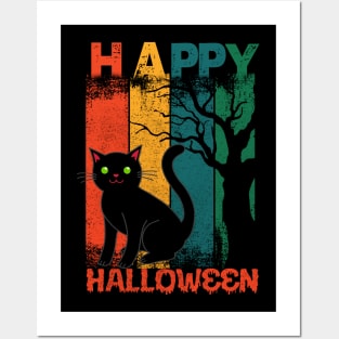 Funny Cat Happy Hallothanksmas Halloween Thanksgiving Xmas Posters and Art